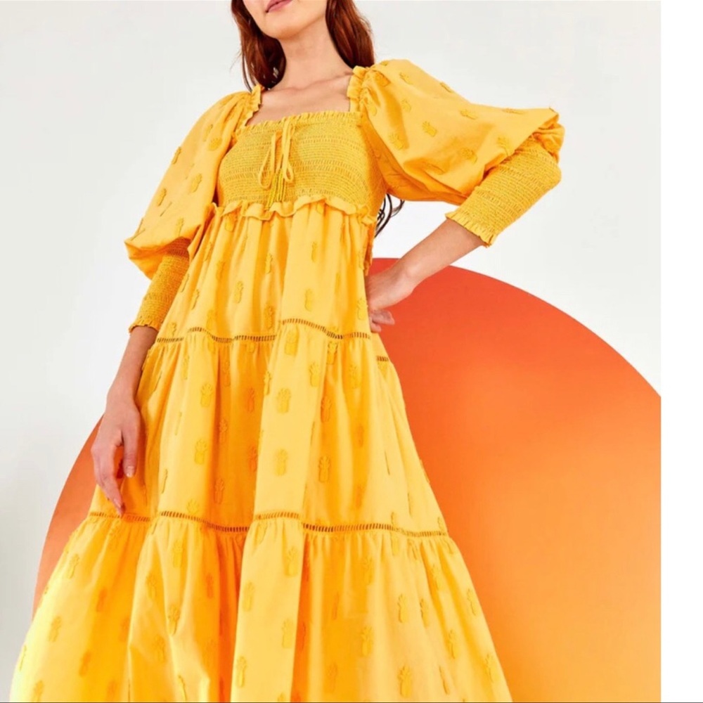 Farm Rio Yellow 3D Pineapple Tiered Midi Dress size M